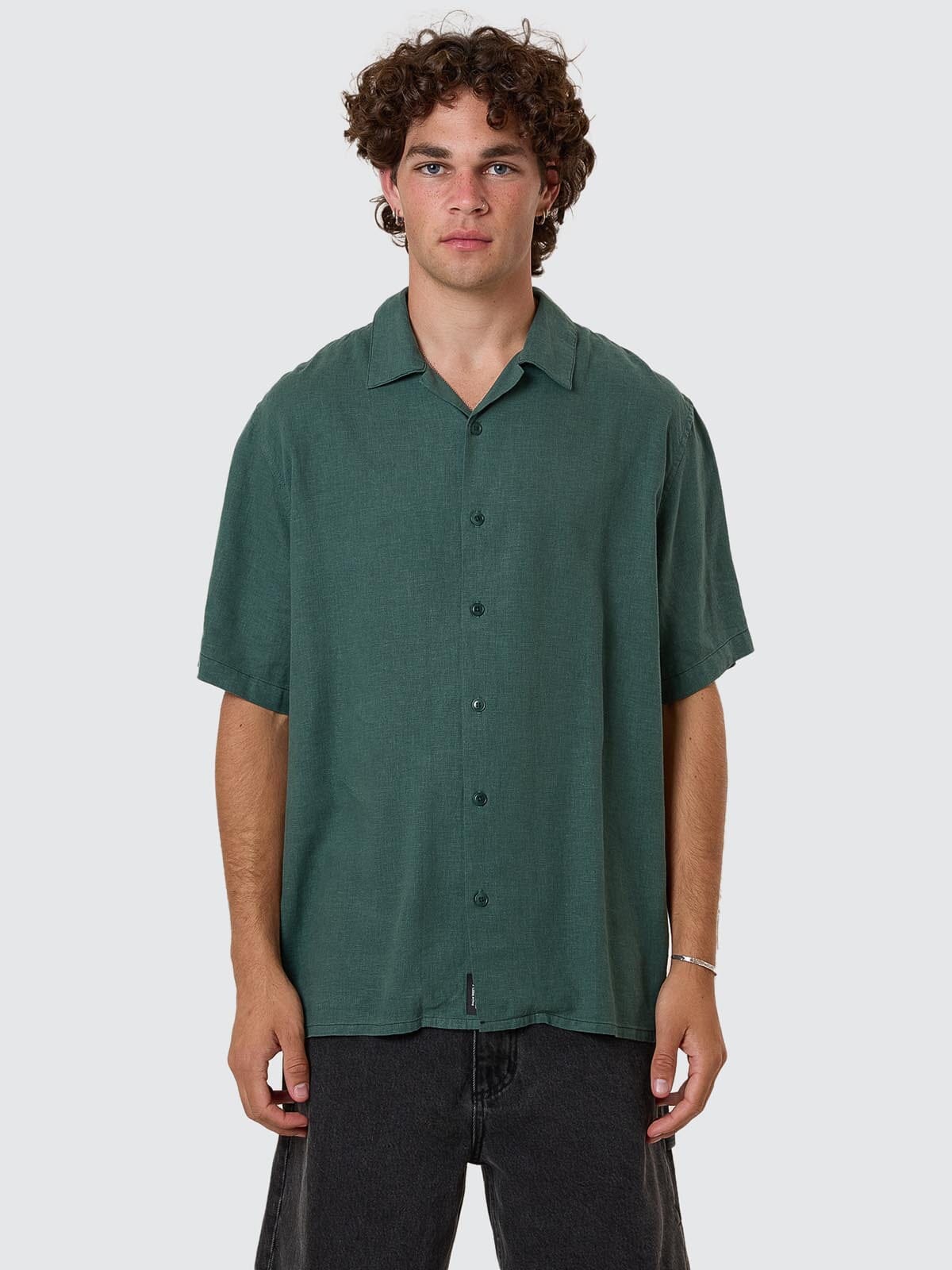 Hemp Minimal Thrills Contrast Stitch Bowling Shirt - Sea Pine