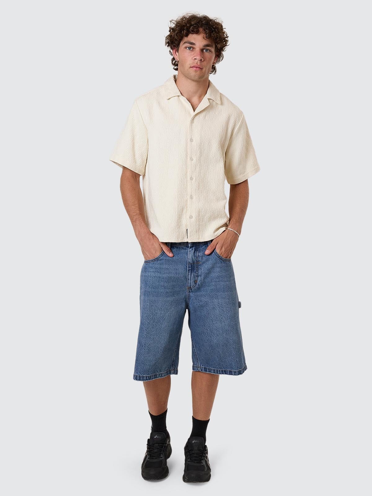 Vanished Cropped Short Bowling Shirt - Heritage White