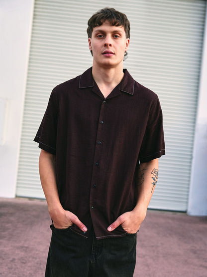 Hemp Minimal Thrills Contrast Stitch Bowling Shirt - Java