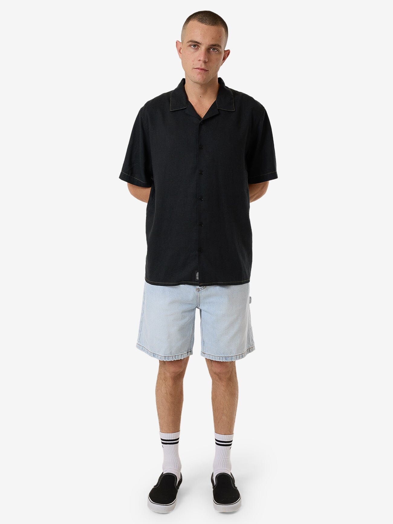 Hemp Minimal Thrills Contrast Stitch Bowling Shirt - Black