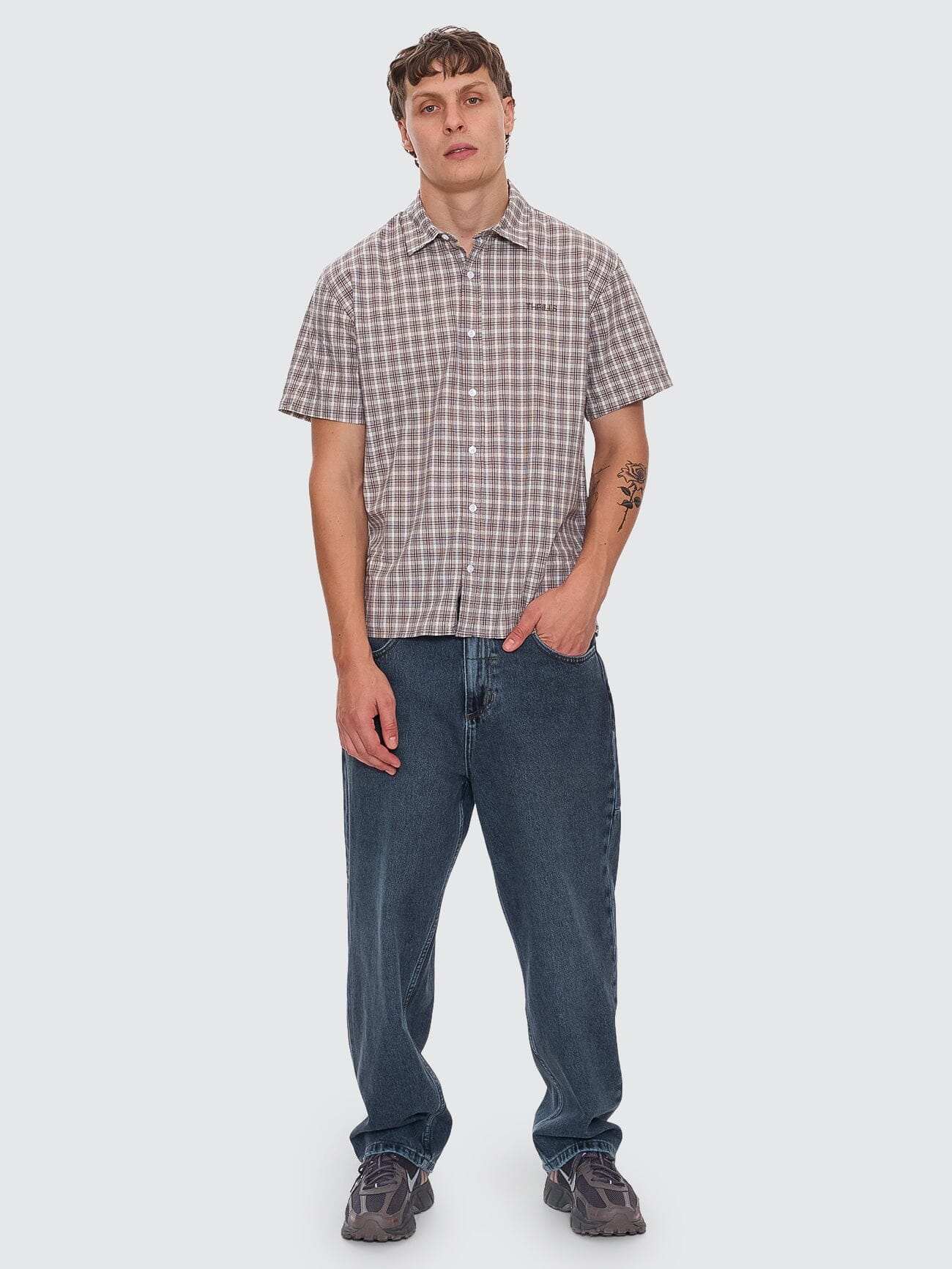 Adorned Check Cropped Short Sleeve Shirt - Java